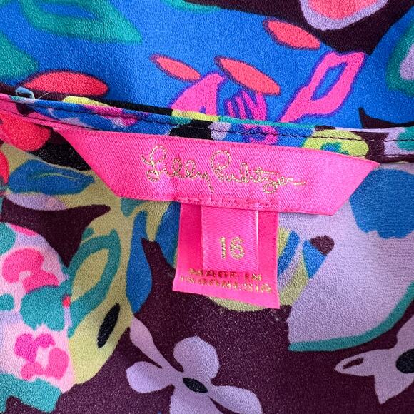 Lilly Pulitzer | Cristiana Pink Brown Floral Ruffle Plus Size Mini Dress 16 - Picture 9 of 11